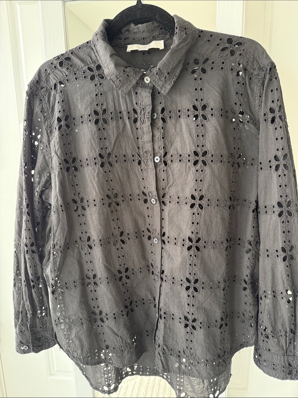 LOFT Black Eyelet Linen-Blend Button-Down Shirt